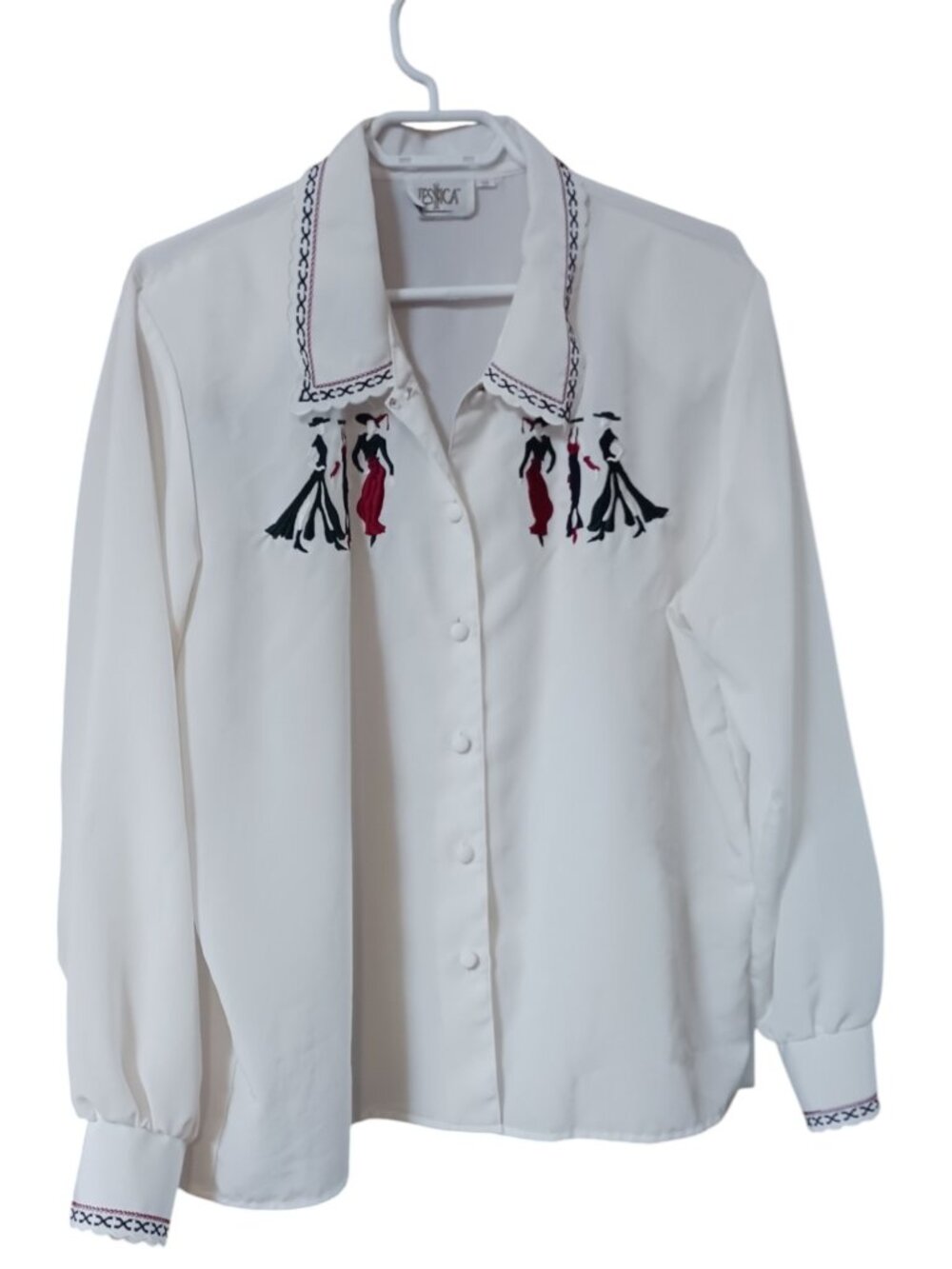 Vintage Jessica Embroidered Size 18 White Long Sleeve Button-Up Polyester Blouse - Picture 4 of 16